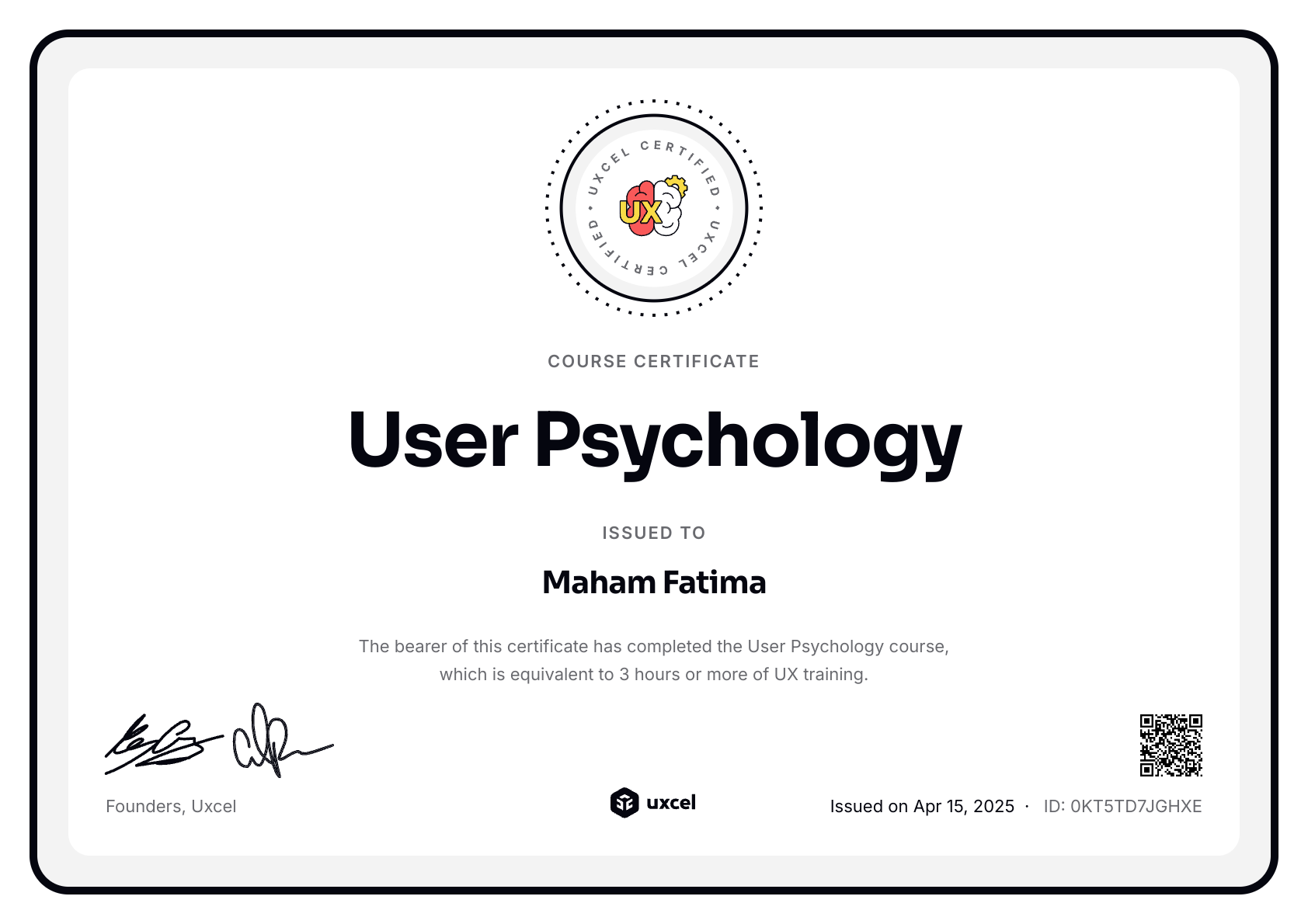 Maham Fatima's certificate